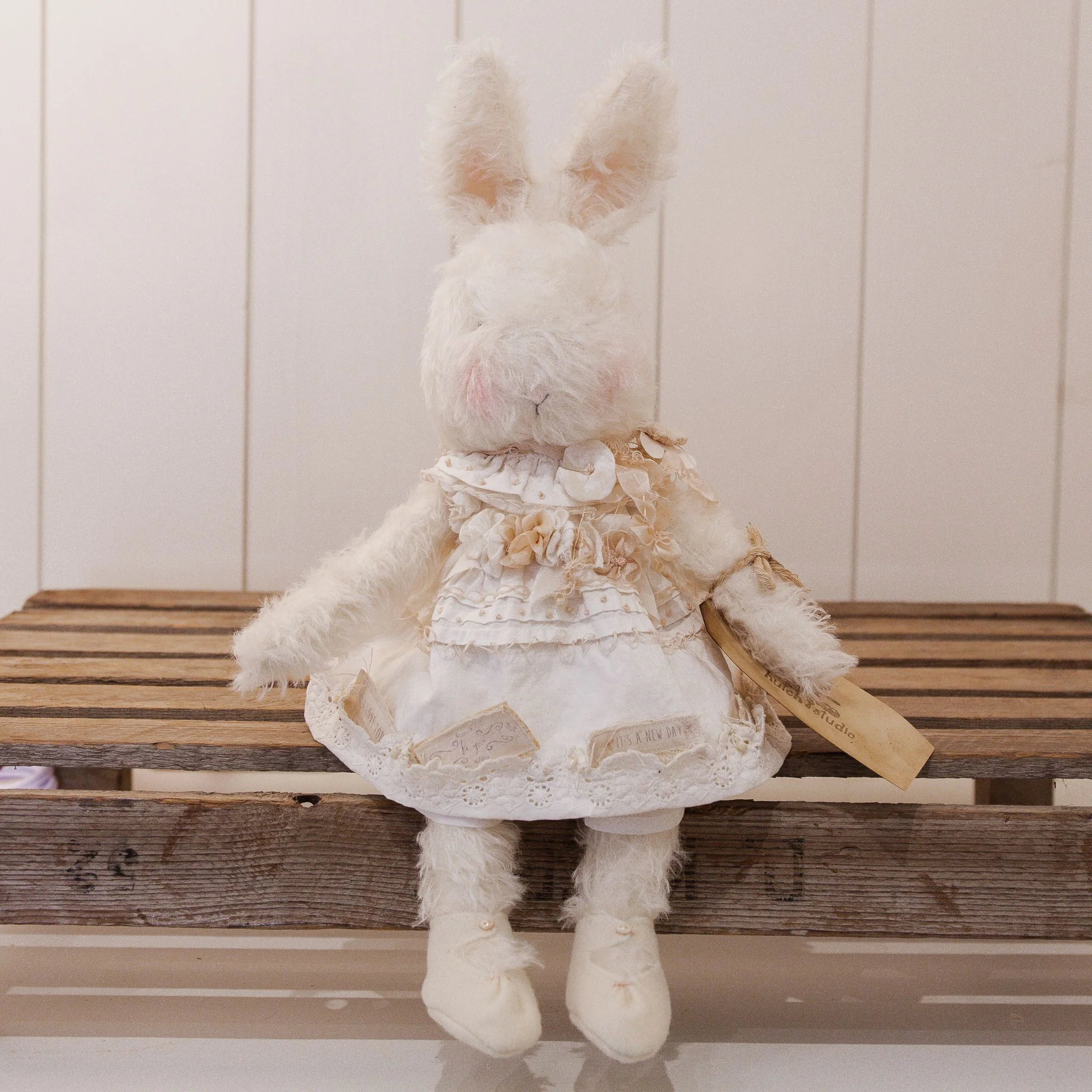 RETIRED - Hutch Studio - Lovely Love Note - Hand-Crafted Curly Mohair Cream Bunny