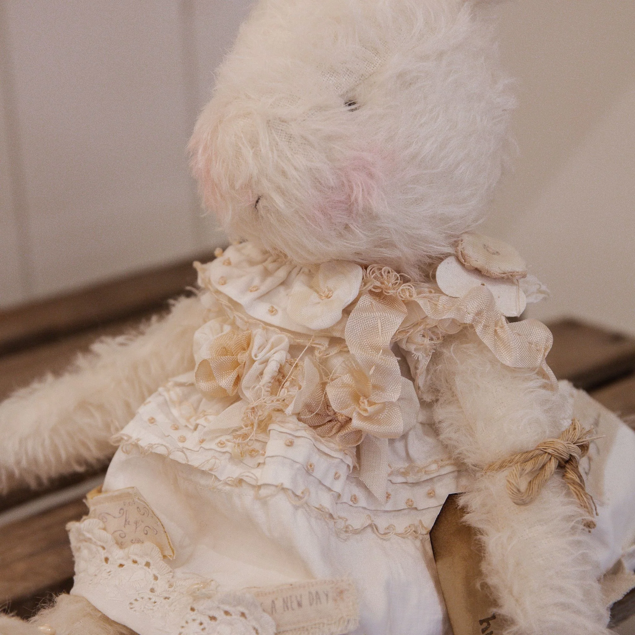 RETIRED - Hutch Studio - Lovely Love Note - Hand-Crafted Curly Mohair Cream Bunny - Image 5