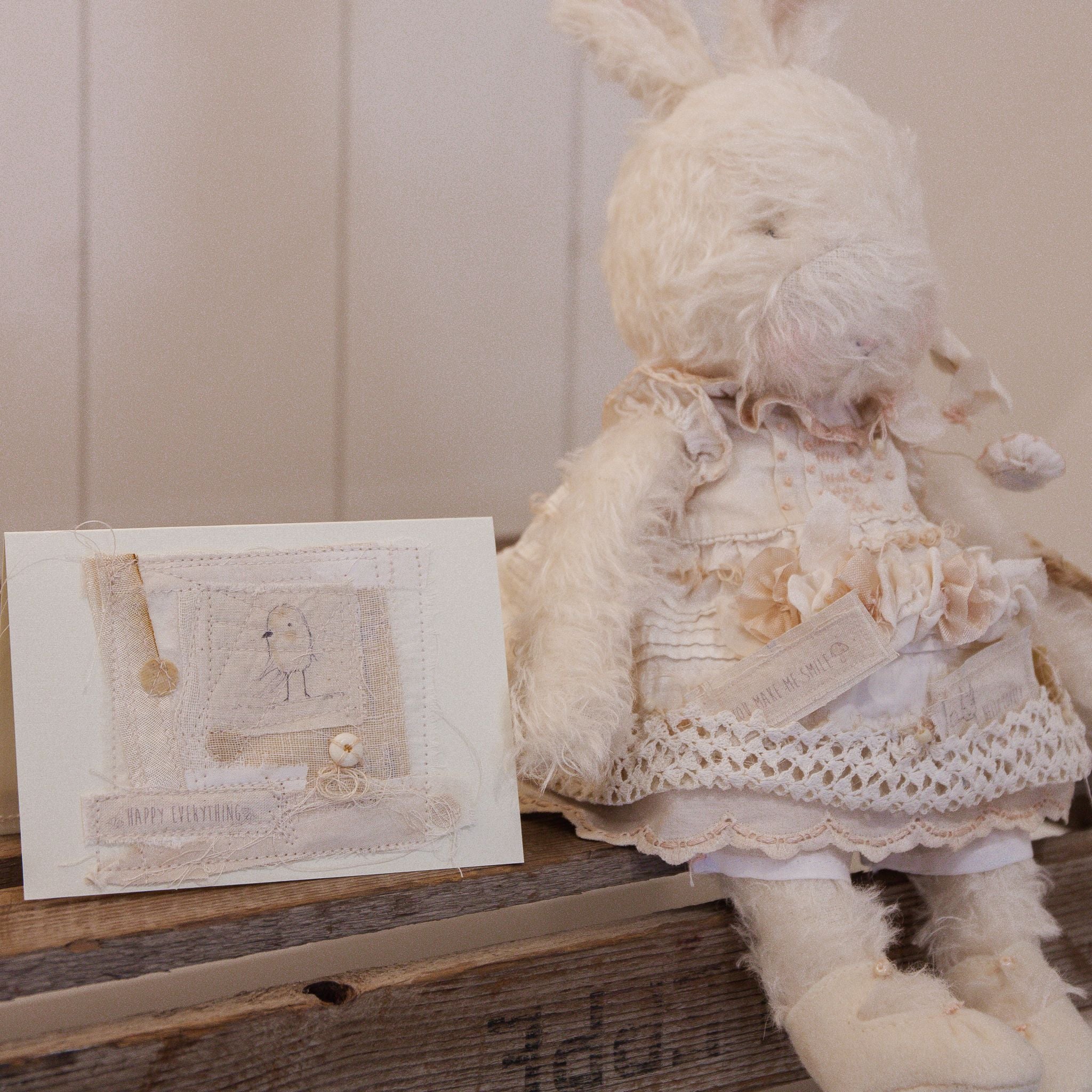 RETIRED - Hutch Studio - Miss Lovey Love Note - Hand-Crafted Curly Mohair Cream Bunny - Image 2