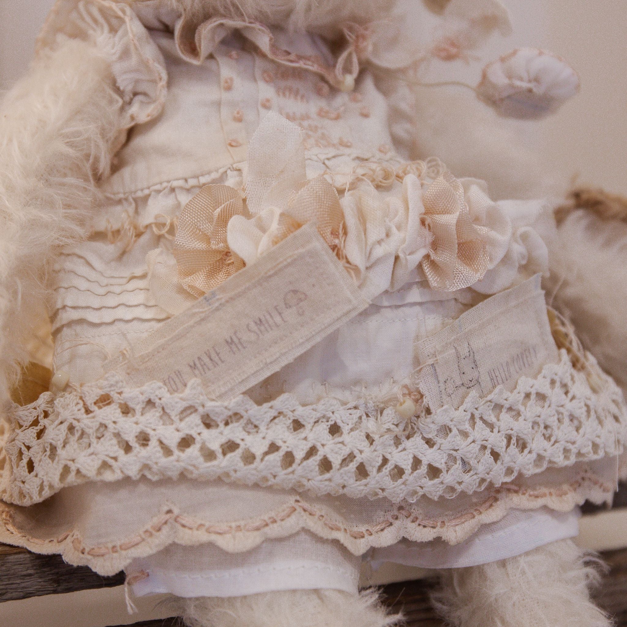 RETIRED - Hutch Studio - Miss Lovey Love Note - Hand-Crafted Curly Mohair Cream Bunny - Image 3