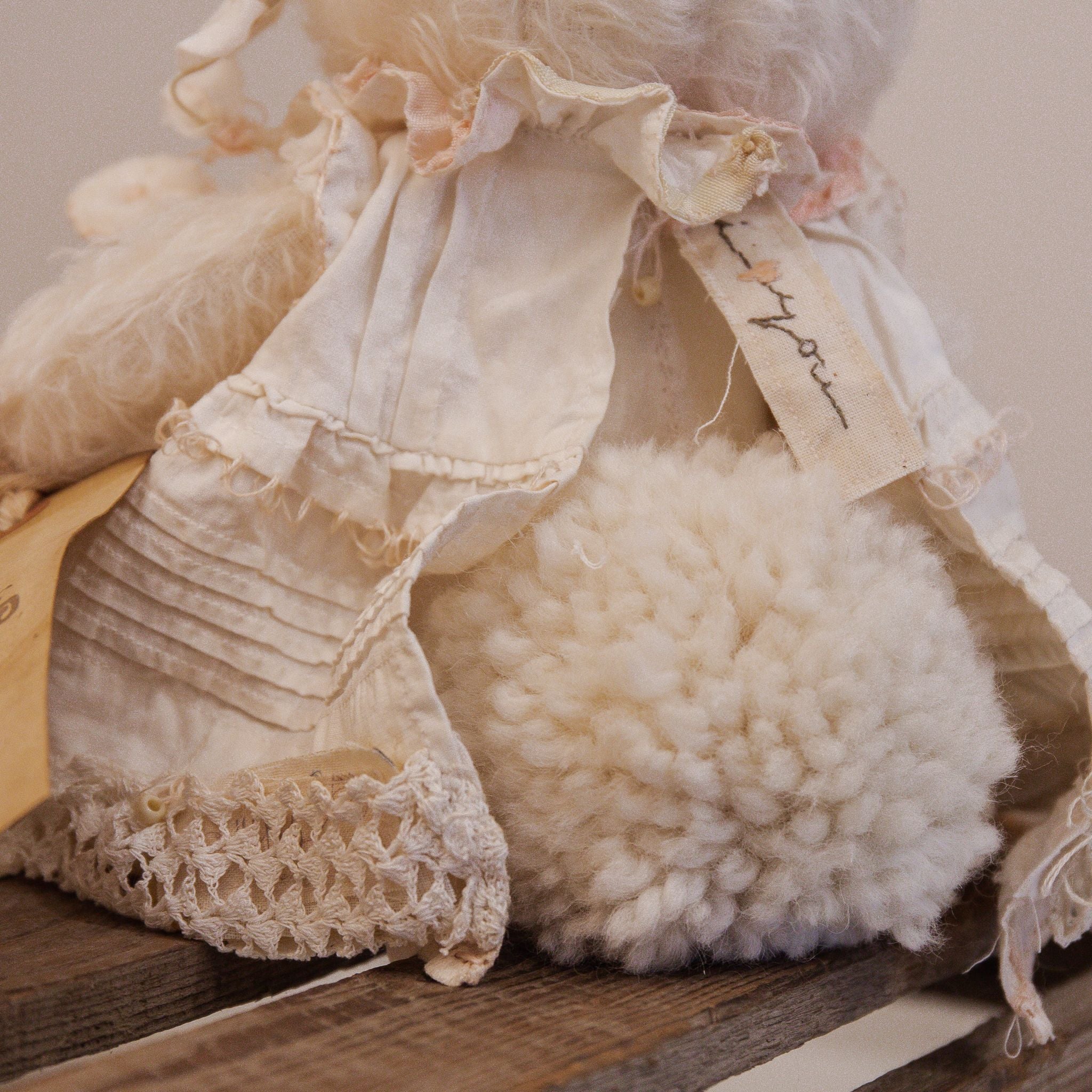 RETIRED - Hutch Studio - Miss Lovey Love Note - Hand-Crafted Curly Mohair Cream Bunny - Image 4