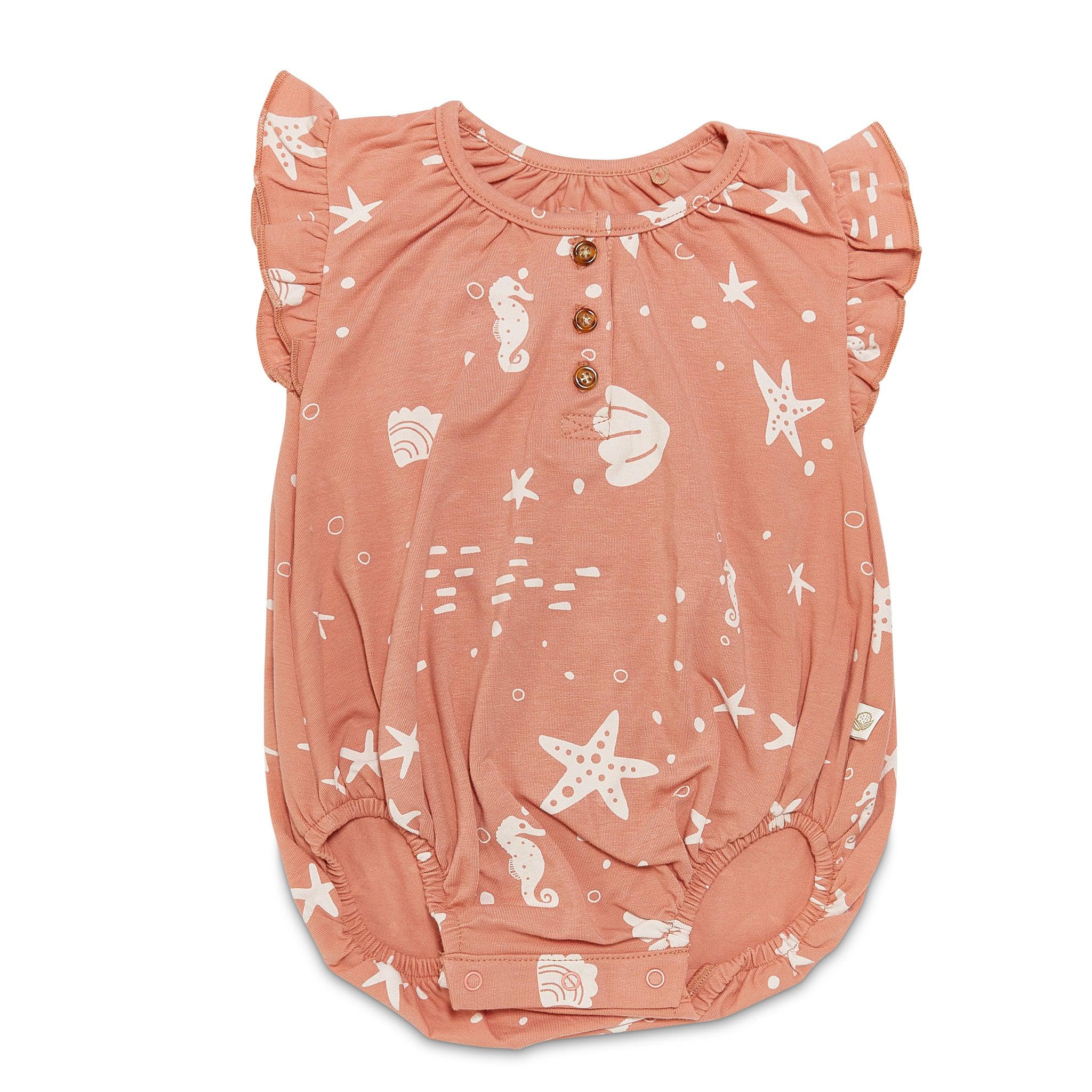 RETIRED - Organic Flutter Sleeve Button Bunsuit - Coral Rose