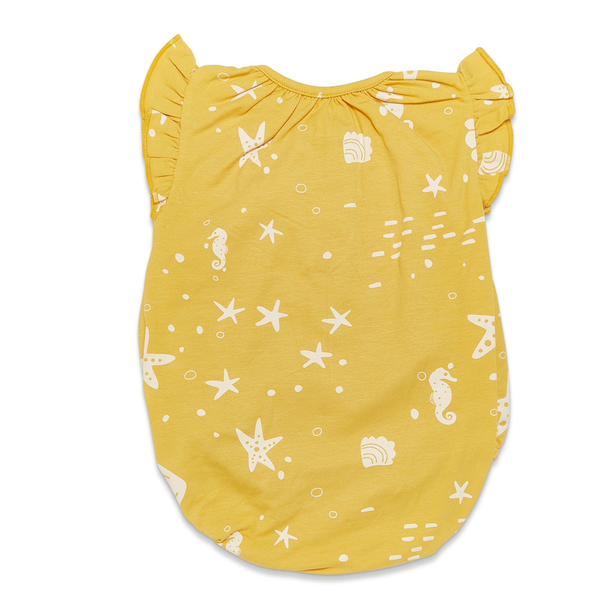 RETIRED - Organic Flutter Sleeve Button Bunsuit - Sunny Yellow Seashells - Image 2