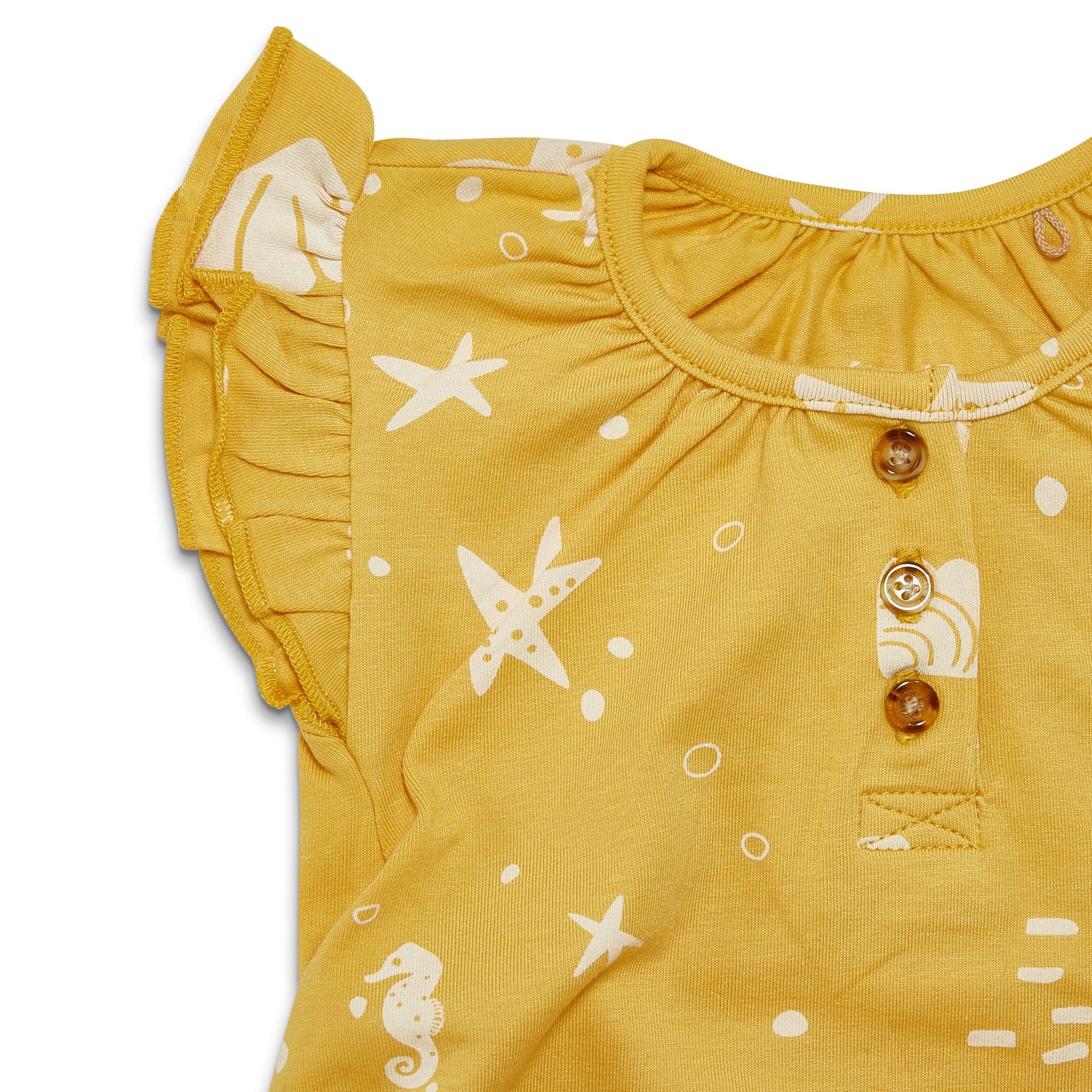 RETIRED - Organic Flutter Sleeve Button Bunsuit - Sunny Yellow Seashells - Image 3