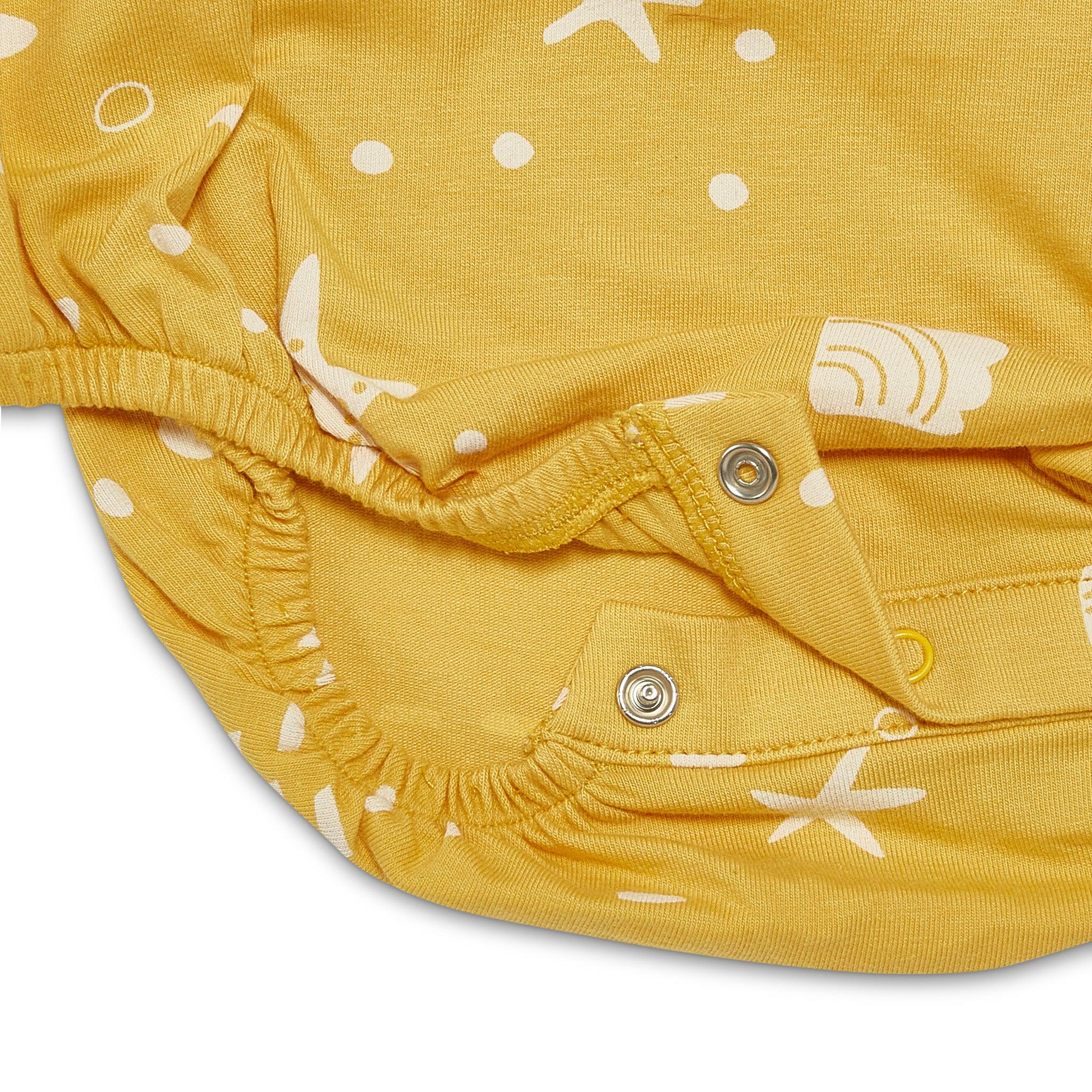RETIRED - Organic Flutter Sleeve Button Bunsuit - Sunny Yellow Seashells - Image 4