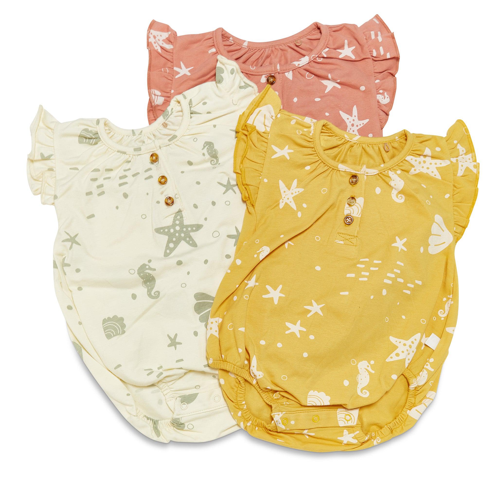 RETIRED - Organic Flutter Sleeve Button Bunsuit - Sunny Yellow Seashells - Image 5