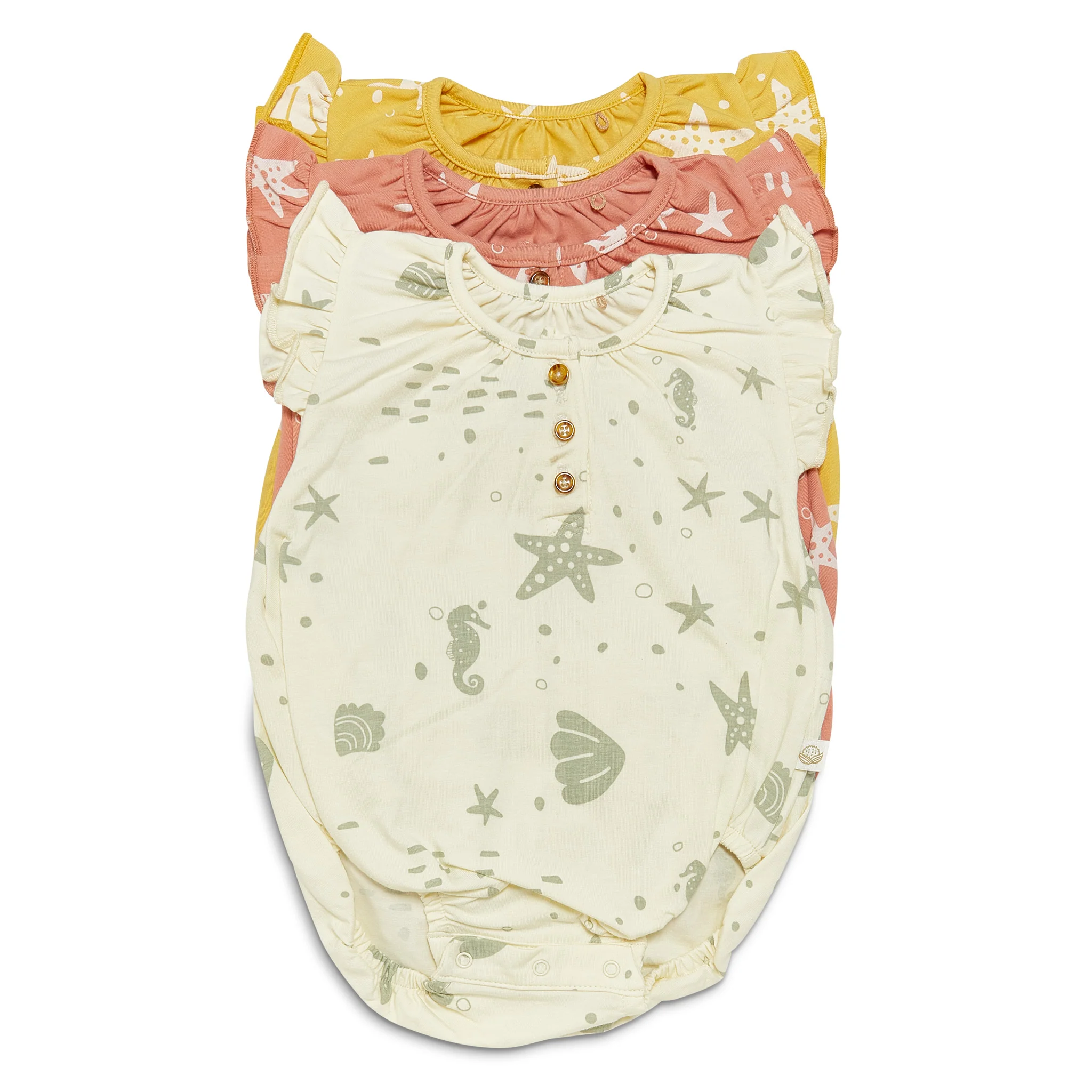 RETIRED - Organic Flutter Sleeve Button Bunsuit - Sunny Yellow Seashells - Image 6